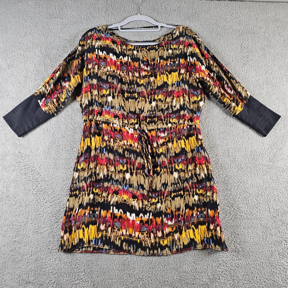 GLAM Silk‎ Abstract Ikat Print Mini Dress Ribbed Cuff Small Vintage USA